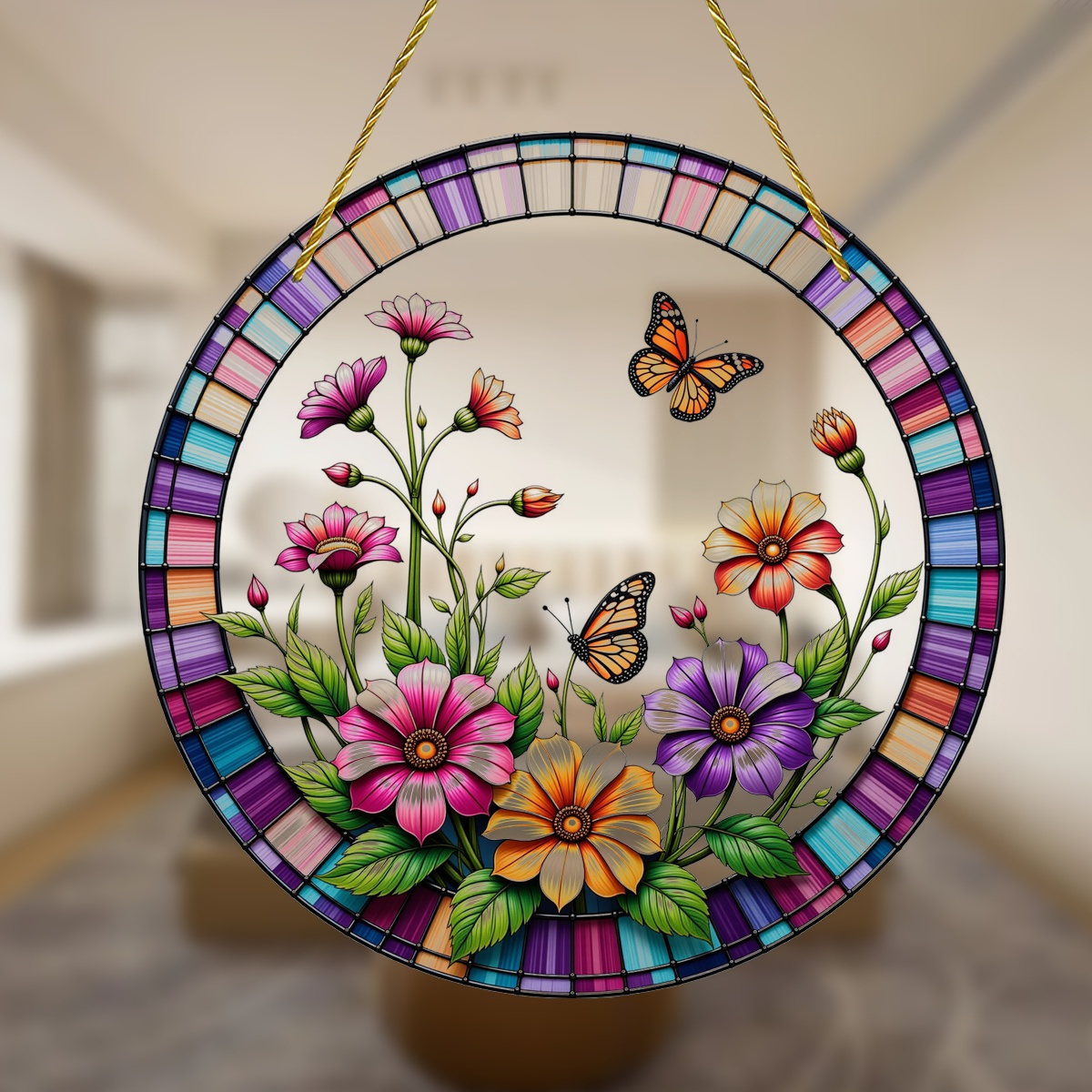 

1pc 2d Flat Vibrant Spring Scene Suncatcher - Acrylic Stained Glass Window Hanging With , Deep Purple, Yellow Flowers, Calming And Greens, Decoration, Home, Of