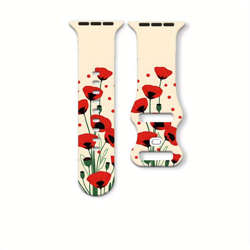 TEMU 2d Flat | Fashionable And Elegant/easy Christmas Theme Silicone Watch Strap, Red Flowers, Strong Festive Atmosphere, Designed For Daily Wear,