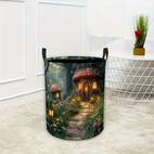 1pc Laundry Basket - Mushroom Forest Design with Glowing Mushrooms & Cottage - Heavy-Duty Polyester Laundry Hamper - Handles for Bathroom, Bedroom, Kitchen - Decorative Storage Organizer Basket - Ideal Housewarming Gift, , Whimsical Design, Durable Polyester, Bedroom Decor, Sturdy Construction, Small , 2D Flat, Laundry Hampers