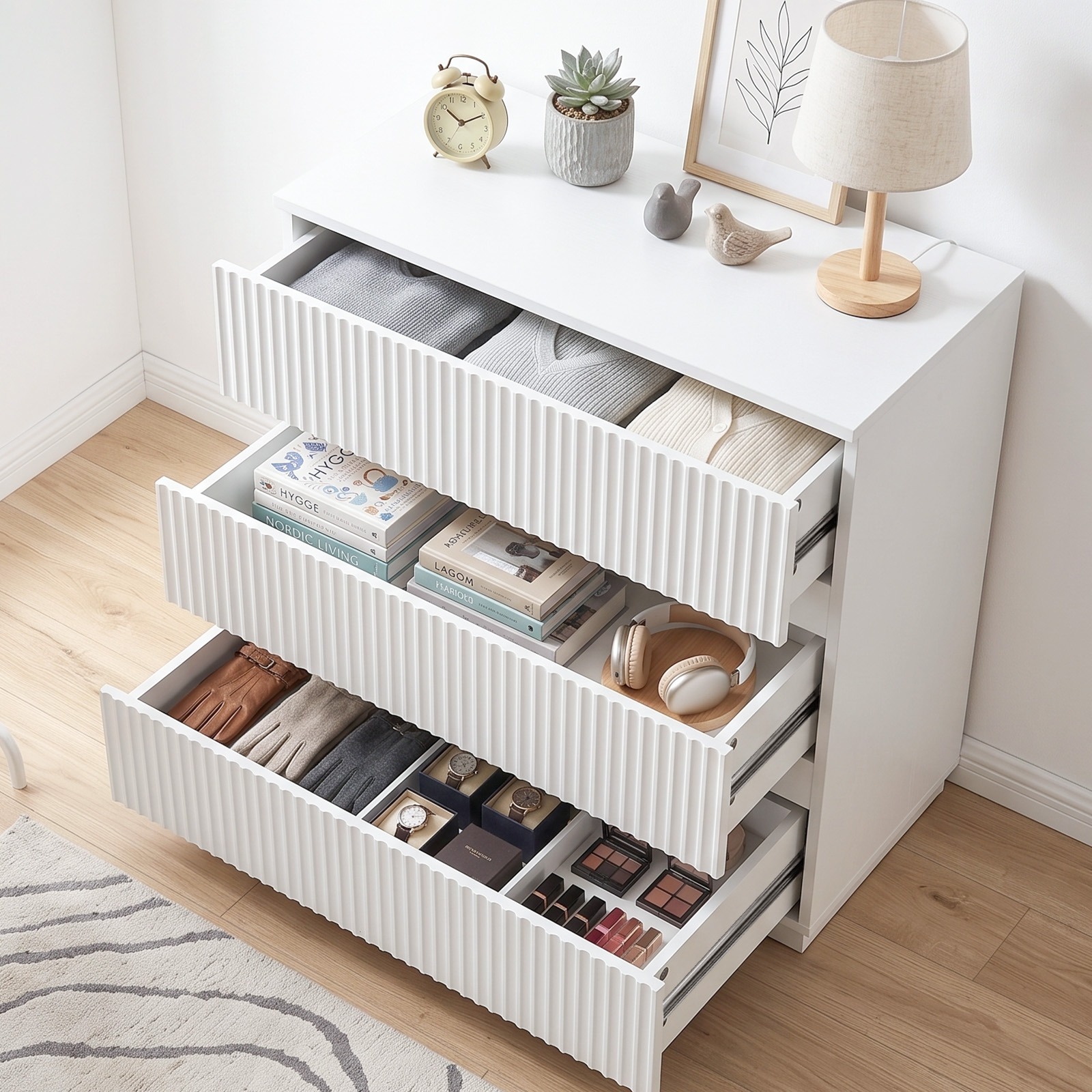 3-drawer Dresser With Slatted Design, Chest For Bedroom & Apartmen