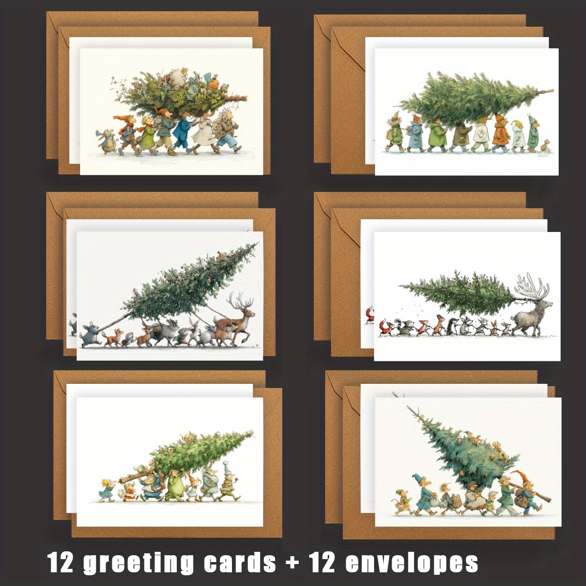 TEMU 12 Greeting Cards Envelopes For Christmas, Featuring Animals, Christmas Trees, And Designs - Includes Envelopes Folded To 9*13cm/3.54*5.11in And