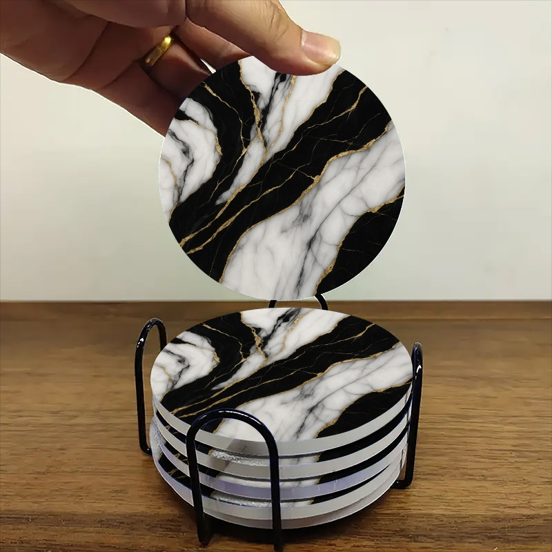 TEMU A Collection Of 6 Round Ceramic Coasters Featuring A Marble Design, Heat-resistant, Non-slip Drink Mats Are Ideal For Decorating Tables At For