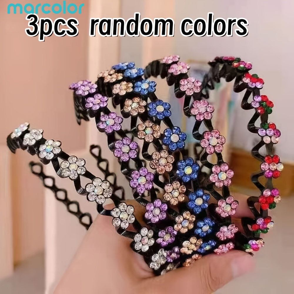 TEMU Marcolor 3pcs Set Of Exquisite Rhinestone Flower Headbands, Women's Non-slip Fashion Hair Additions, Elegant Headbands Suitable For Daily Wear,
