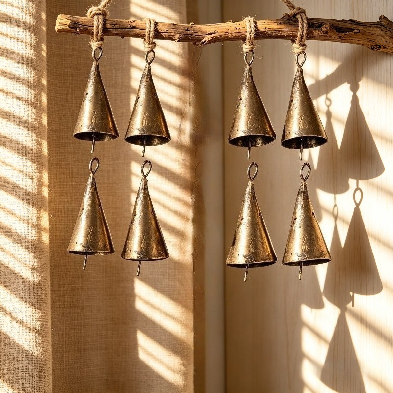 TEMU 8pcs 1.75in Vintage Bronze Cone-shaped Bell Set, Small Vintage Metal Chiming Bells For Craft Projects, Indoor Wall Hanging Home Decor And