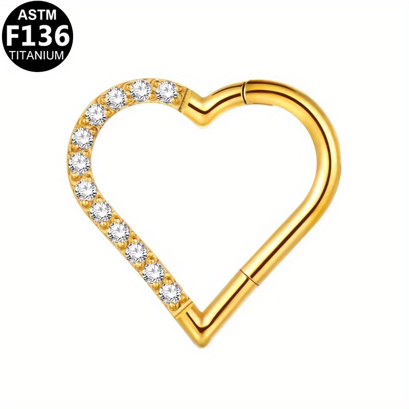 TEMU 1pc Astmf136 Titanium Heart-shaped Hoop Earrings - Hypoallergenic & Durable, Body Piercing Jewelry With Sparkling Cubic Zirconia, Everyday & Vacation Wear, Minimalist Earrings