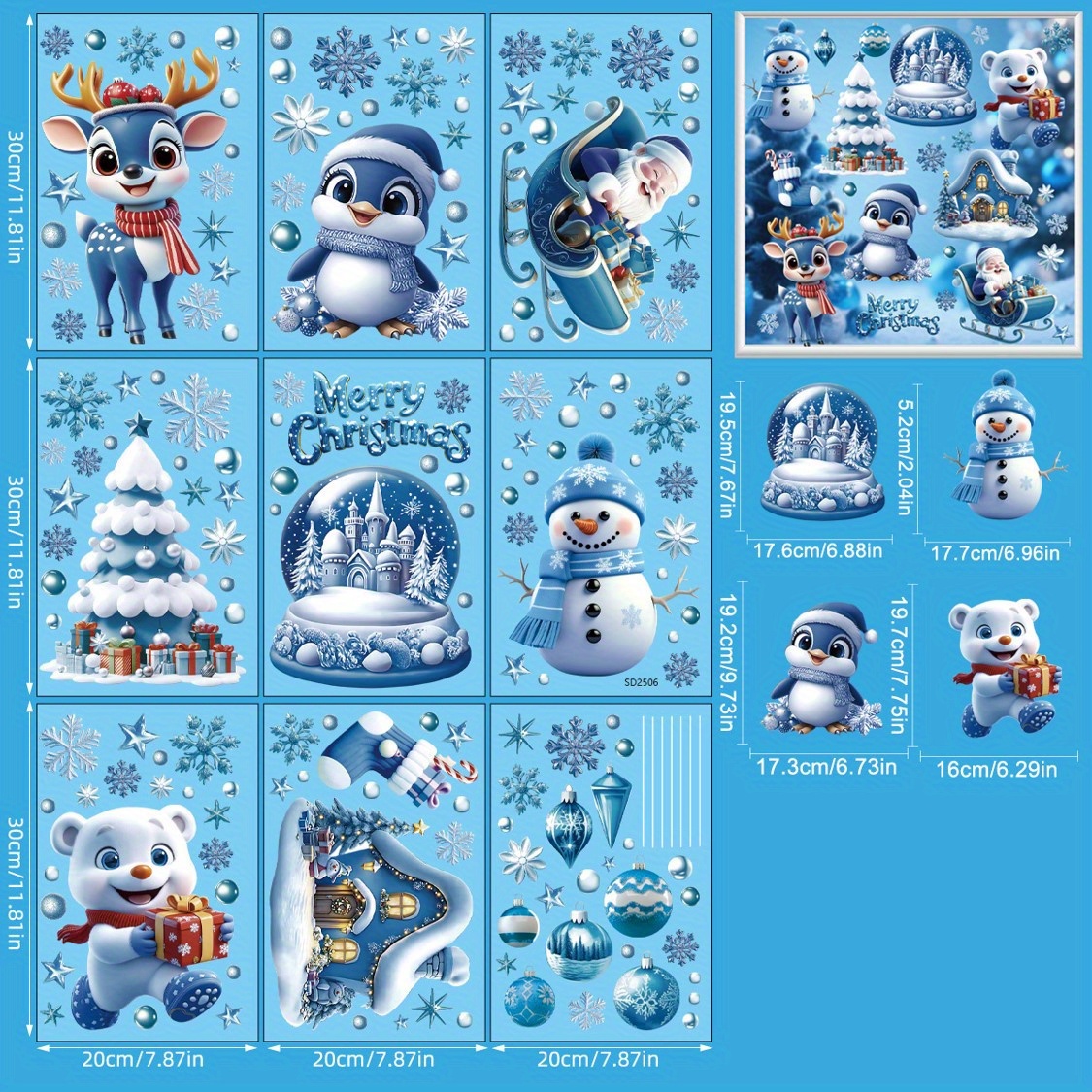 9 Festive Stickers Featuring A Christmas Snowman, Snowflakes, And A Holiday House, Along With A Shopping Mall Scene Design, Window Glass Decorations, And Electrostatic Cling Film