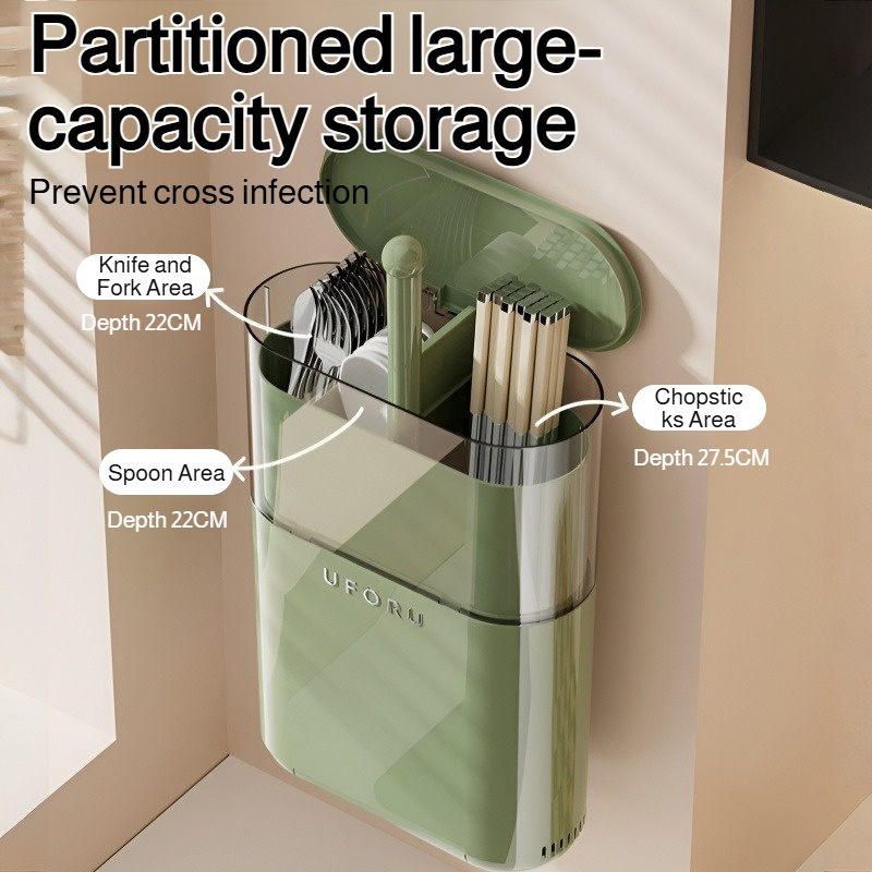 wall mounted chopstick holder with detachable lid no drill   screw mount installation dustproof kitchen organizer space saving plastic storage box for utensils modern   green beige   durable hygienic Product details 1