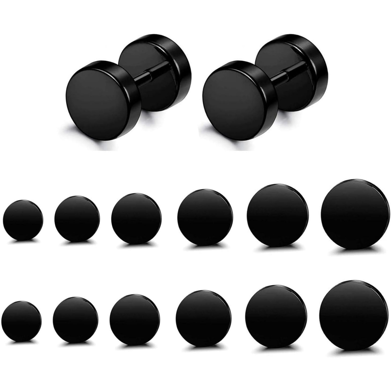 Image of 6 Pairs Stainless Steel Black Stud Earrings For Men Women | Gauges Ear Tunnel, 3-8mm, Copper Alloy Plating, Style By Milacolato