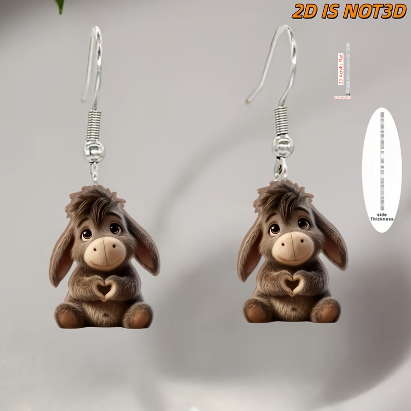 TEMU 2d Flat, 2pcs, Versatile Acrylic Pendant Earrings In Of A Heart And A Donkey, With Floral Patterns, A Perfect Gift For Pet Lovers, Suitable For
