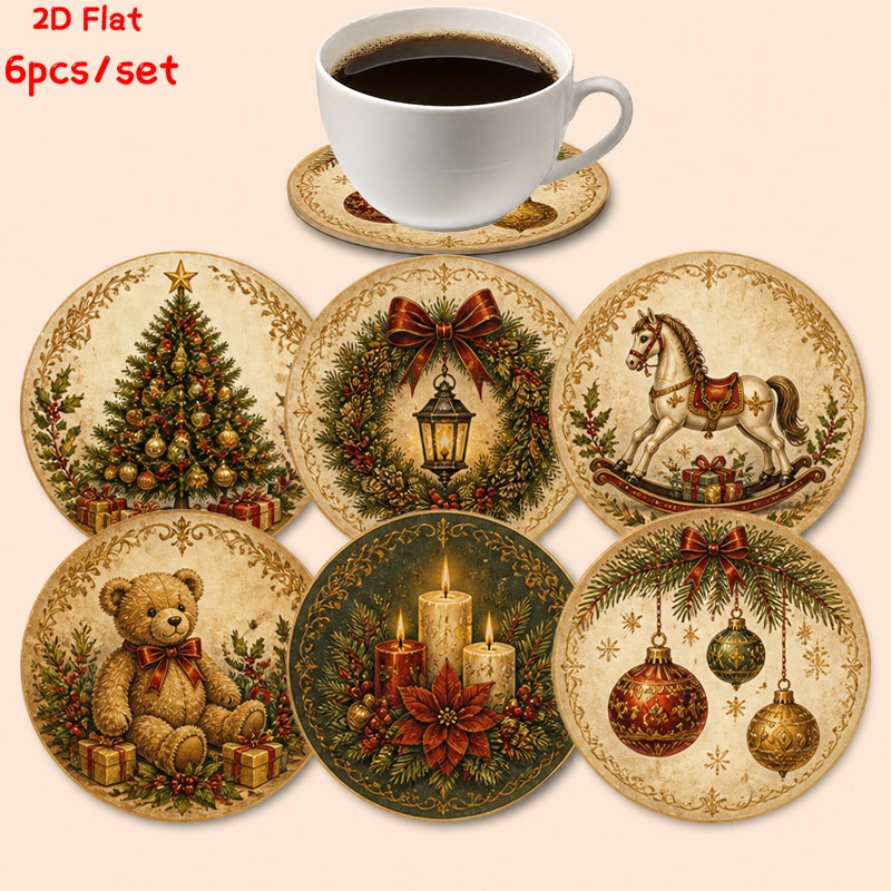 TEMU Sottobicchieri in legno con motivo albero di Natale retr簷, set da 6 pezzi, decorazioni festive con stella , ornamenti, confezione regalo e di ,