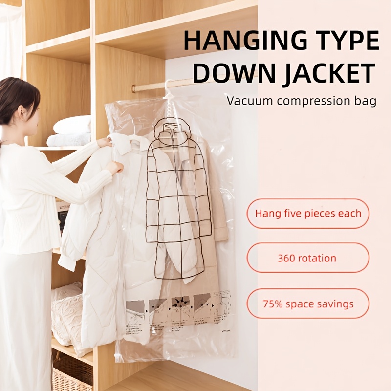 [5 Hooks Vacuum Bag] 5 Hooks Extra Large Hanging Vacuum Compression Storage Bag| Thickened Organizer, Elongated Shape, No Electricity Needed, Clothes Protection And Space Saver