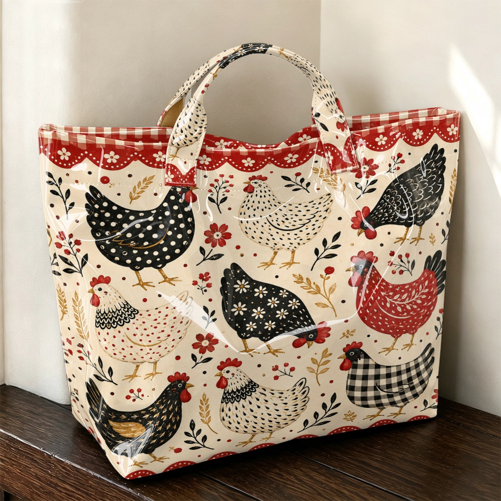 TEMU 1pc Women's Tote Bag Handbag, Farmhouse Style Hen Chicken Floral Gingham Check Print Large Capacity Ladies Hand Tote Bag, Daily Handbag