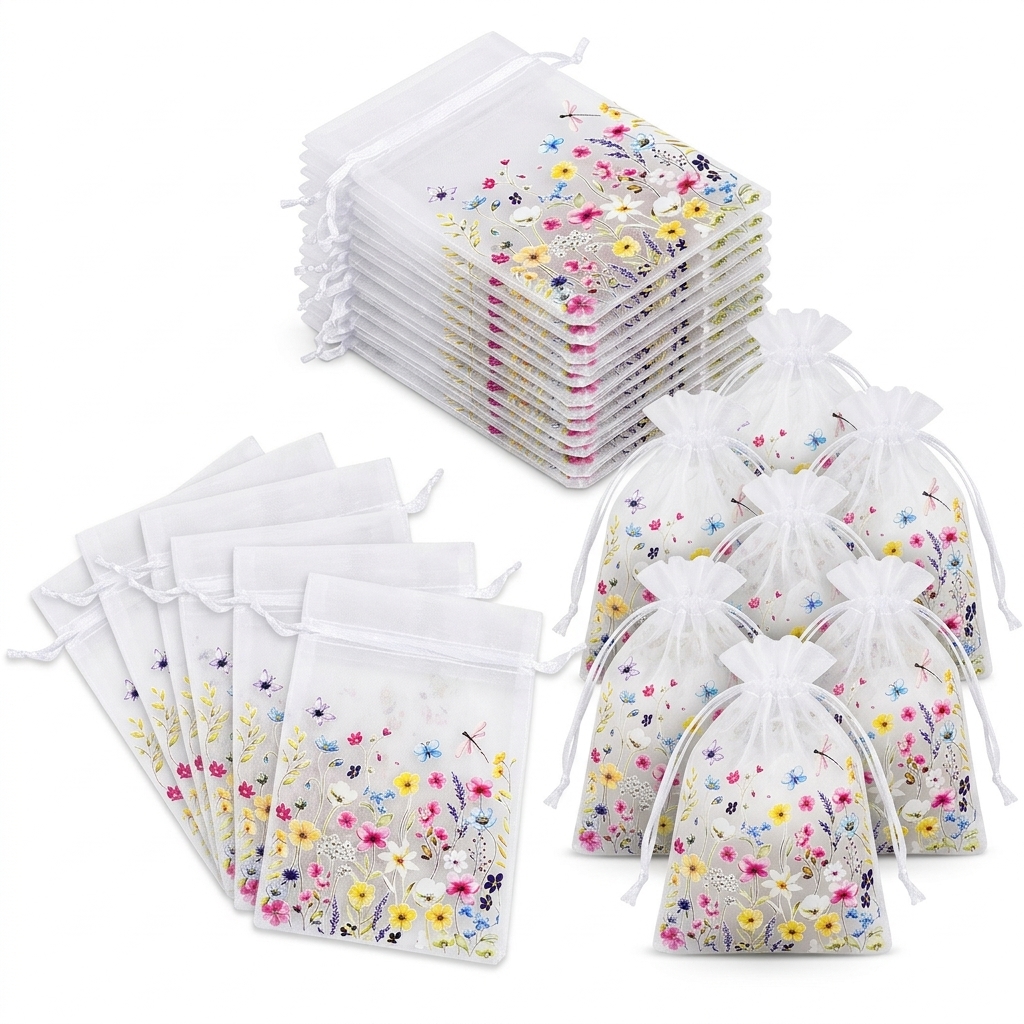 TEMU Lot de 24 sacs cadeaux en organza, pochettes transparentes à cordon de serrage avec en ruban - Translucides, adaptées pour de mariage, les fêtes