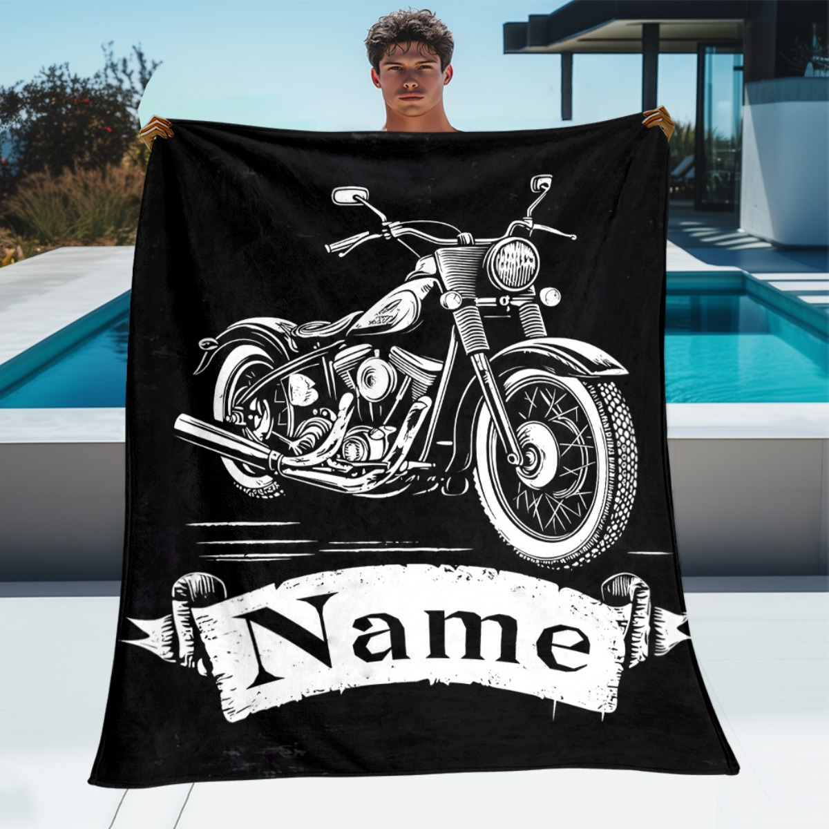 TEMU Personalized Motorcycle Blanket - Custom Name/text - Soft And Lightweight Universal Cover For - Black And White Motorcycle Design - Perfect Gift