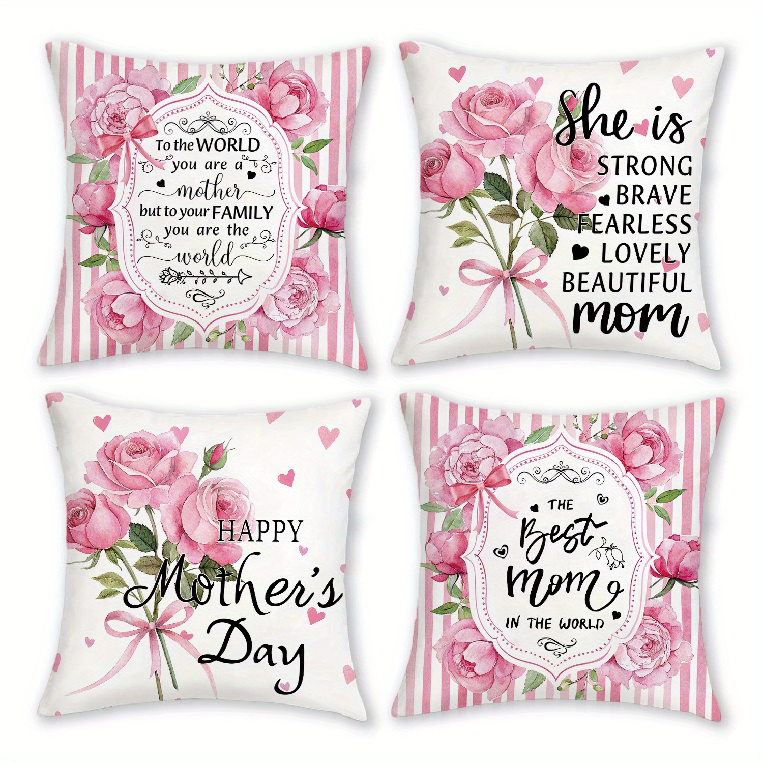 TEMU 4pcs Floral Throw Pillow Covers - With Inspirational Quote, Pink And White Stripe Decoration, Decor, 18x18 Inch, Zipper Closure, Soft Polyester,