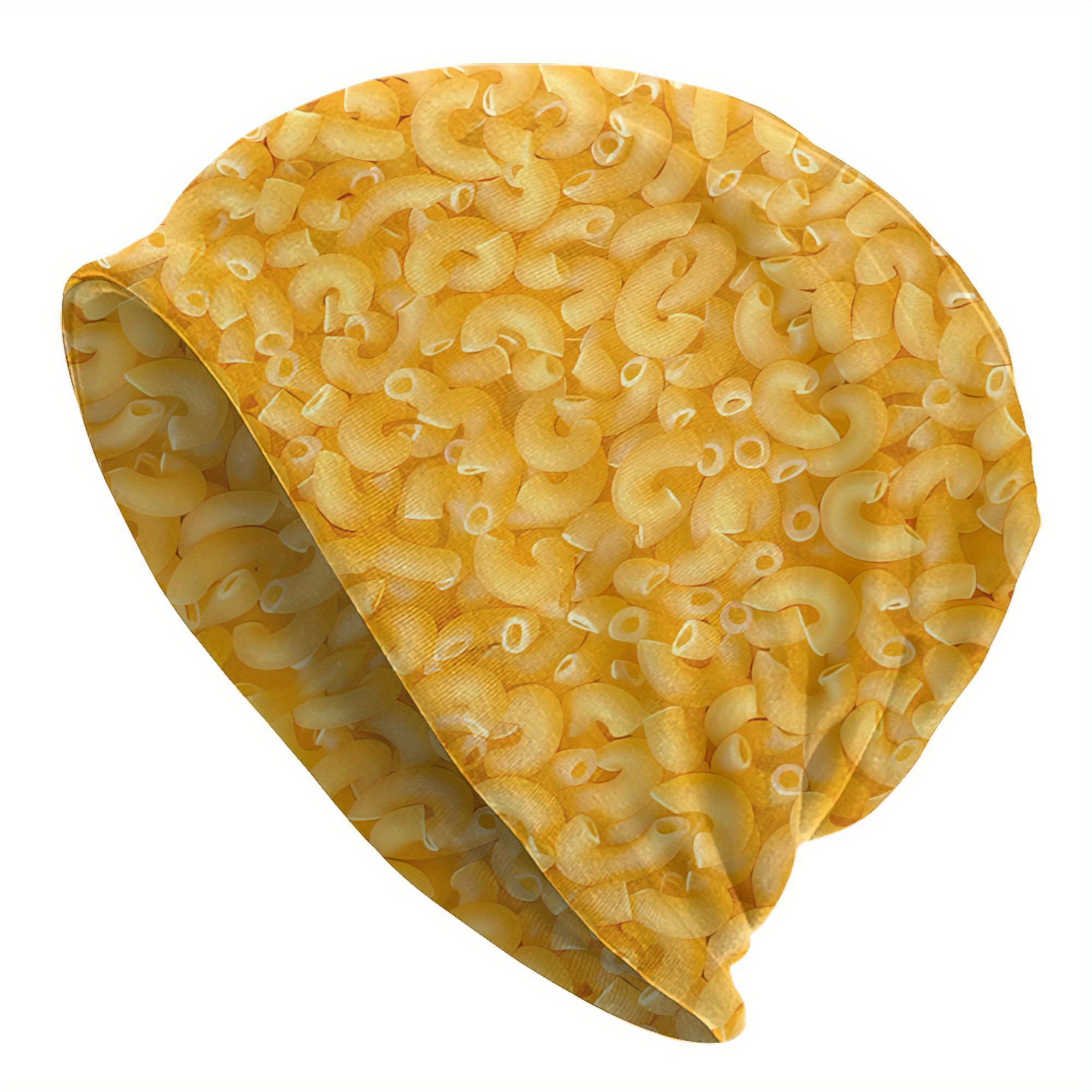 TEMU Biihudu Men's Macaroni Pasta Elbow Noodles Print Beanie Hat - -themed Design, Vibrant Yellow, Stretchy Knit Fabric For Casual Winter Wear &