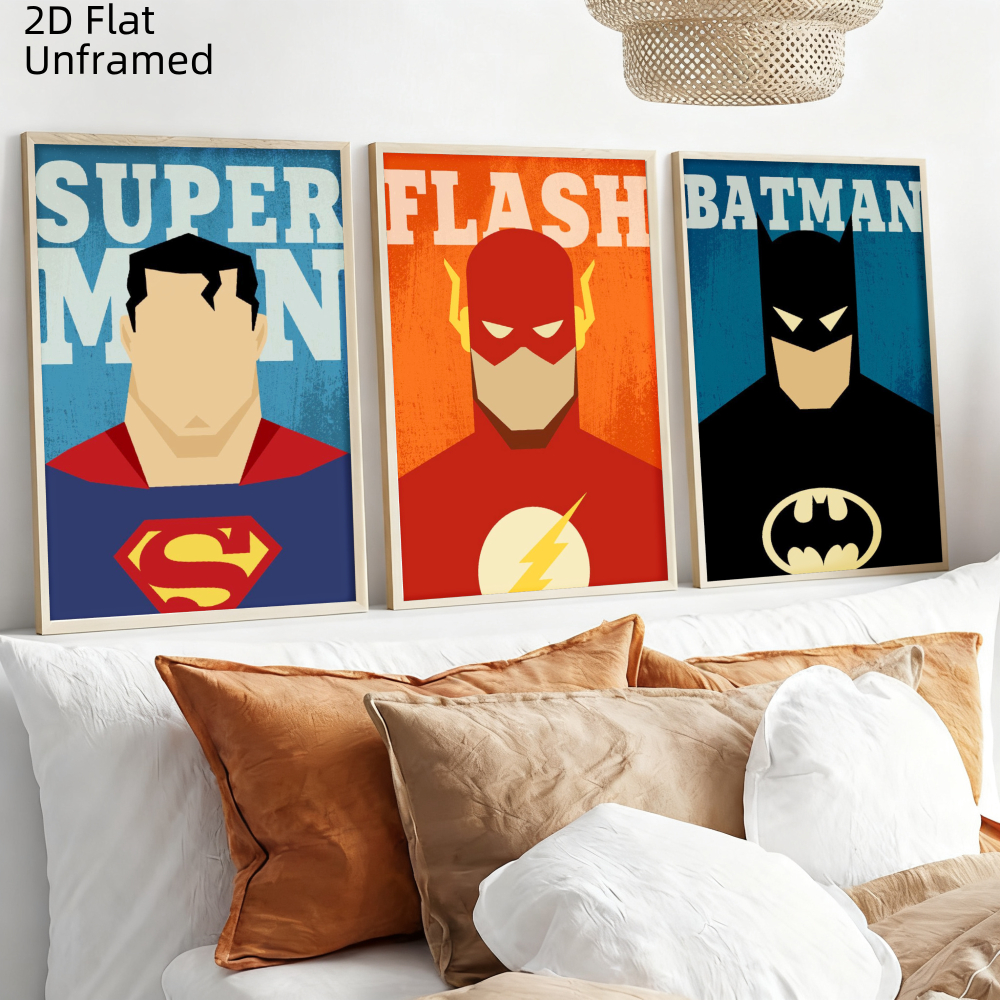 TEMU 2d Flat, 2d Flat, 3pcs Unframed 2d Flat Posters And Prints Cartoon Superhero Batman Flash Canvas Painting Comics Superhero Wall Art Living Room