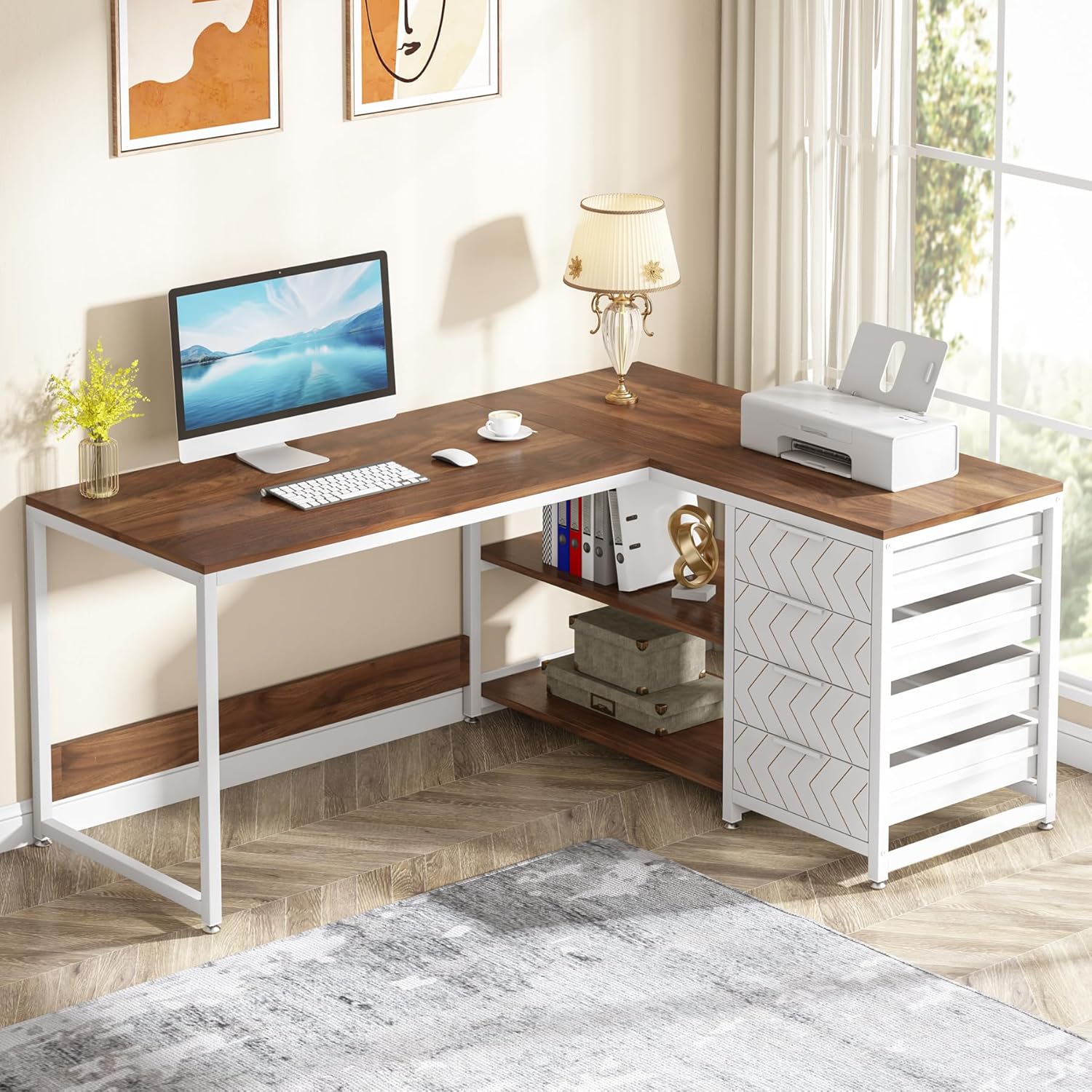 L Shaped Computer Desk With Storage Drawers | 59 Inch With Shelves, Reversible, , Walnut & White, Wood, 4 Utility Drawers, Freestanding, For Home Office - Fnova