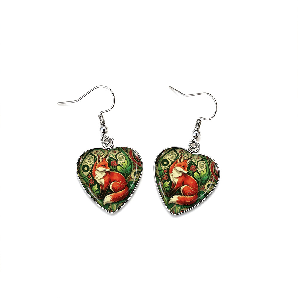 Forest Red Fox Pattern Heart-Shaped Earrings