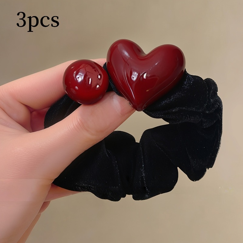 TEMU Lot de 3 élastiques à cheveux avec perles de cœur rouge pour femme, bandes élastiques haut de gamme, accessoires pour cheveux élégants et pour
