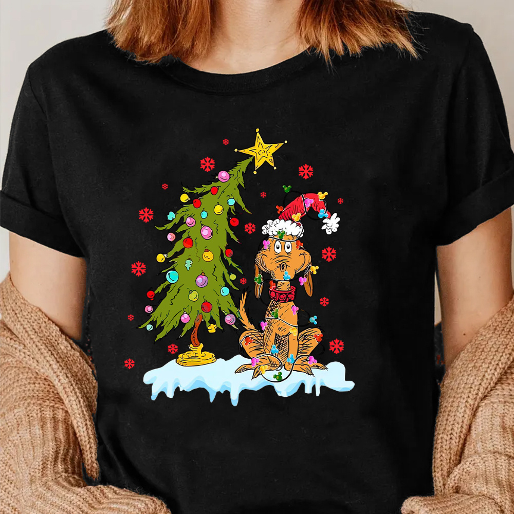 

1pc Women's Casual Christmas Tree & Dog Print T-shirt, Polyester , Round Neck, Short Sleeve, Cartoon Design With Santa Hat & Snowflakes, Knitted Fabric, Regular Fit Tee For All