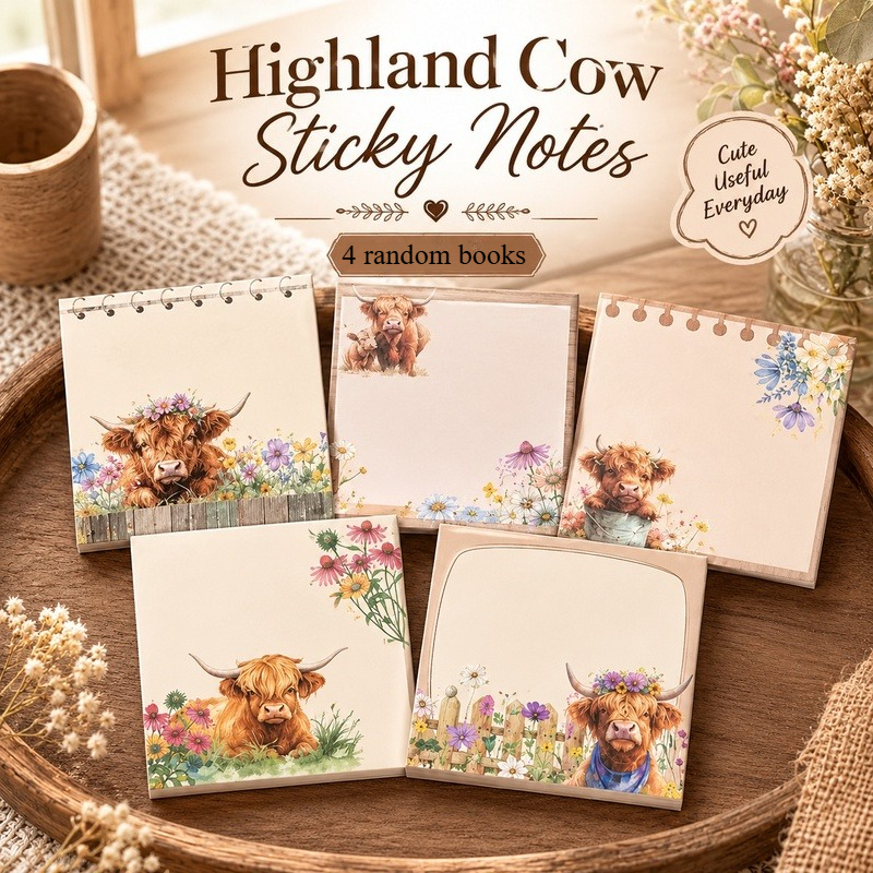 TEMU Lot de 4 blocs-notes autocollants aléatoires Vache Highland, 7,62x7,62cm, Blocs-notes adhésifs mignons, Autocollants mémo, Cadeaux de décoration