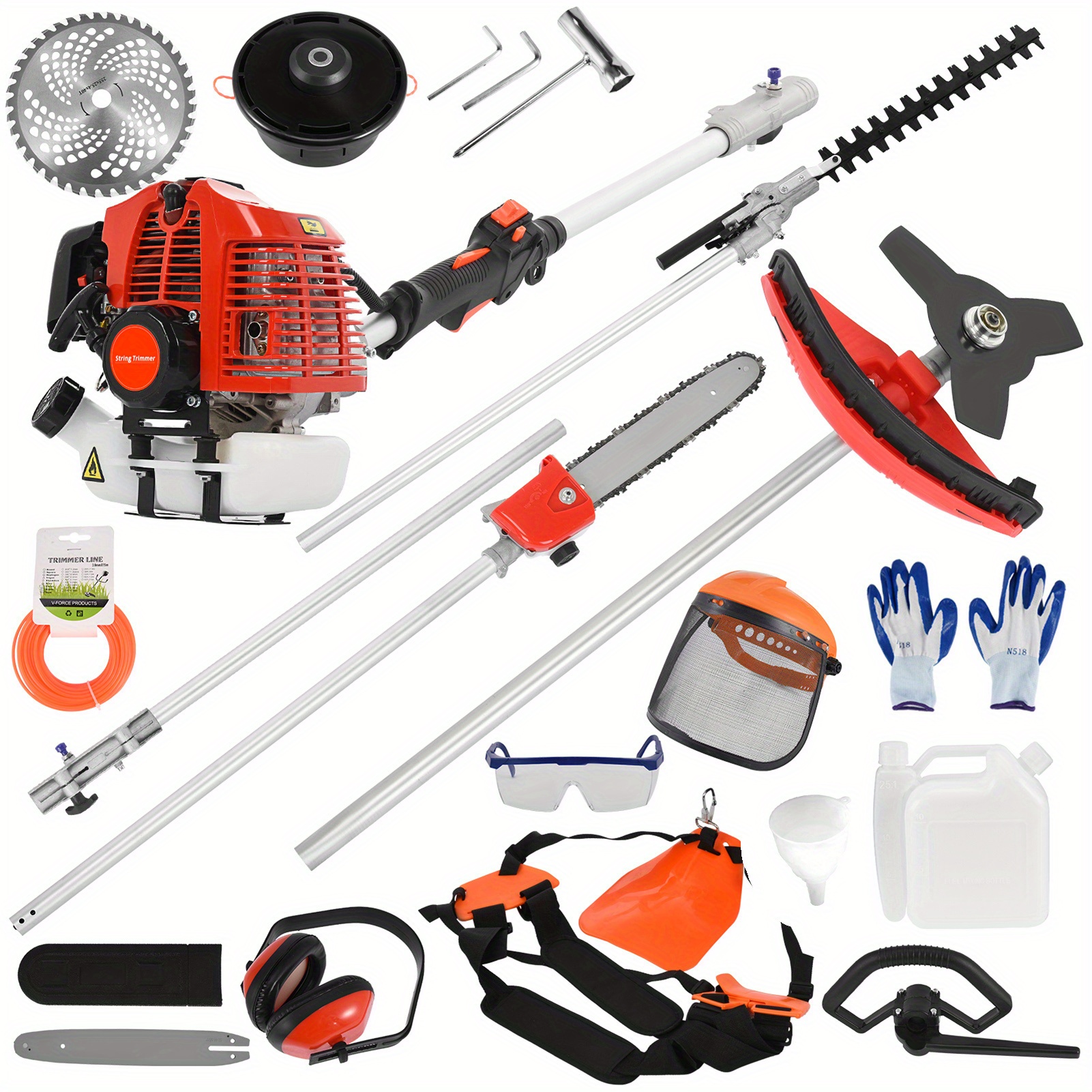 52cc heavy-duty   gas- lawn mower with  ,   lawn mower, hedge cutter, brush cutter, soil   &   - large 180.01cm width,   machine for residential & commercial use, compact storage design, handlebar & features, ideal for lawns, hedges, brush, soil, and trenching Product details 1