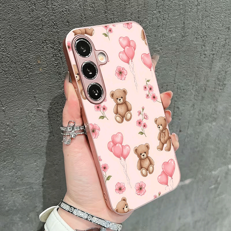 TEMU Phone Case - Cute Teddy Bear And Pink Flowers 's Pattern Phone Case For Galaxy S23 Cover S22/s24/a54/a55/a16/a14/a15/a31/a34/a35/s23 Ultra/s24