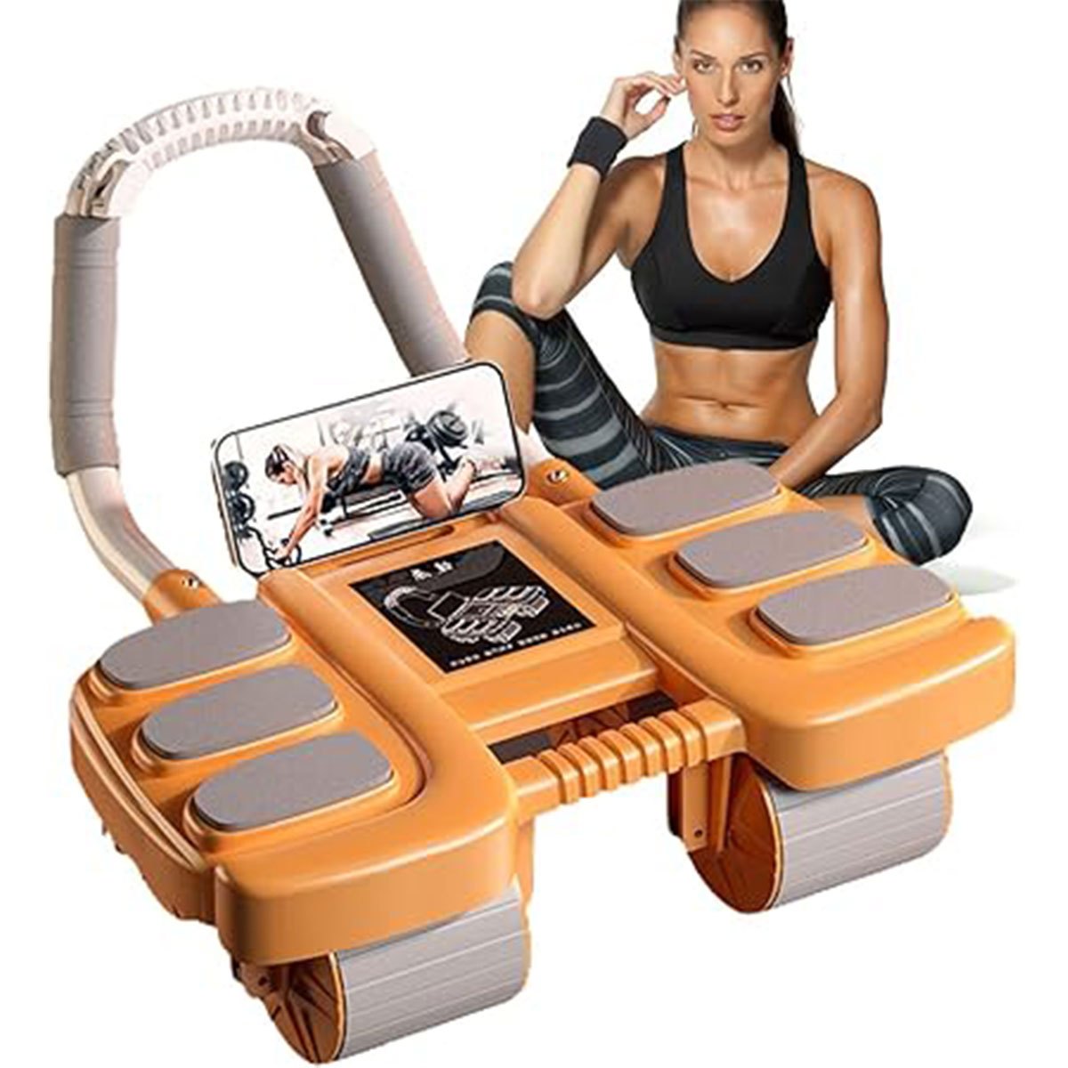 Smart Ab Roller with Automatic Rebound - 4-Wheel Core Strength Trainer & Elbow Support Pad, Durable PP/TPE Material, Ideal for Home Fitness, Without Battery