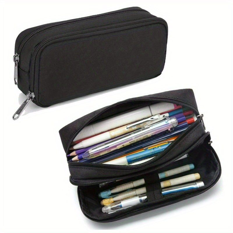 Image of Sturdy Black Double-layer Pencil Case With Space, Perfect For Students' Stationery, Office Or Home Storage, And Travel Organization