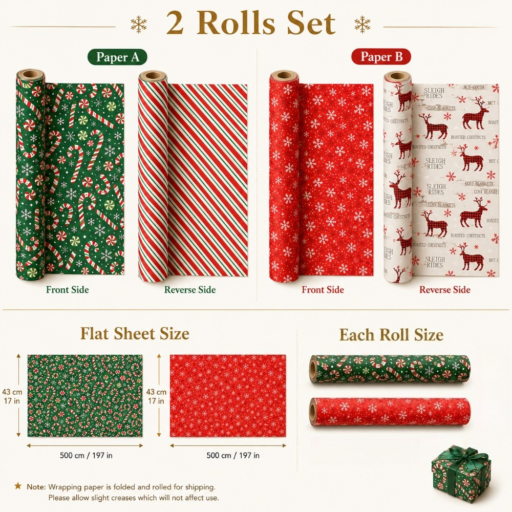 Image of 2 Rolls Double-sided Christmas Wrapping Paper Set, Each Roll 17in X 197in Cane Peppermint And Red Green Stripe Reverse/red Snowflake Reindeer Dual-sided Gift Wrap