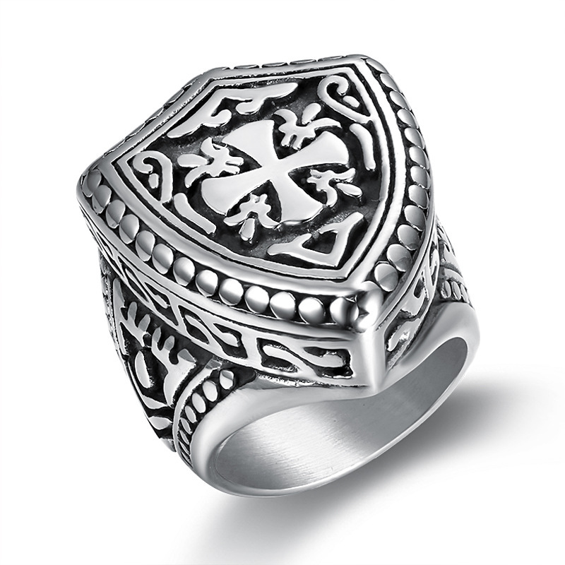 Image of Vintage 304l 304l Stainless Steel Shield Cross Pattern Band Ring For Men, Trendy Fashion Style Wide Band, Edgy Streetwear Accessory, Without Battery