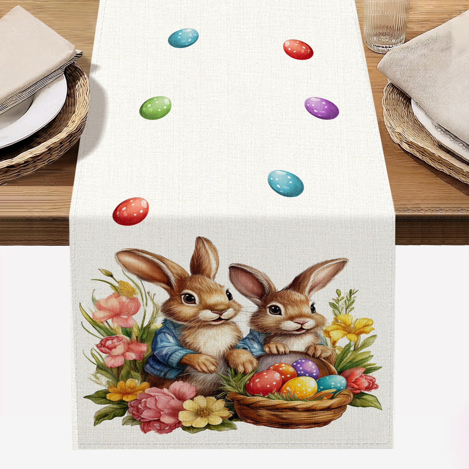 

1pc, , Cute Bunny, Pattern Tablecloth, 72 Inch Knitted Polyester Easter Tablecloth, Decoration Tablecloth, Home Decor, Easter Decoration, Gift