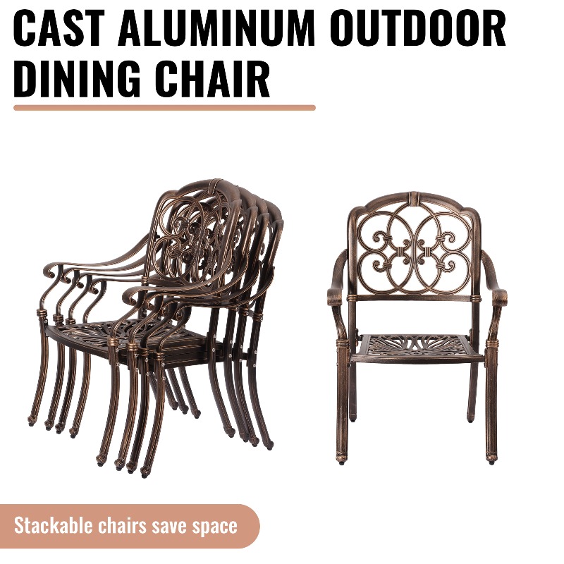 9pcs Cast Aluminum Outdoor Patio Dining Set - Ornate Scrollwork Design, Weather-Resistant Rust-Proof Frame, Square Table & 6 Cushioned Chairs, Suitable for Garden, Backyard & Poolside