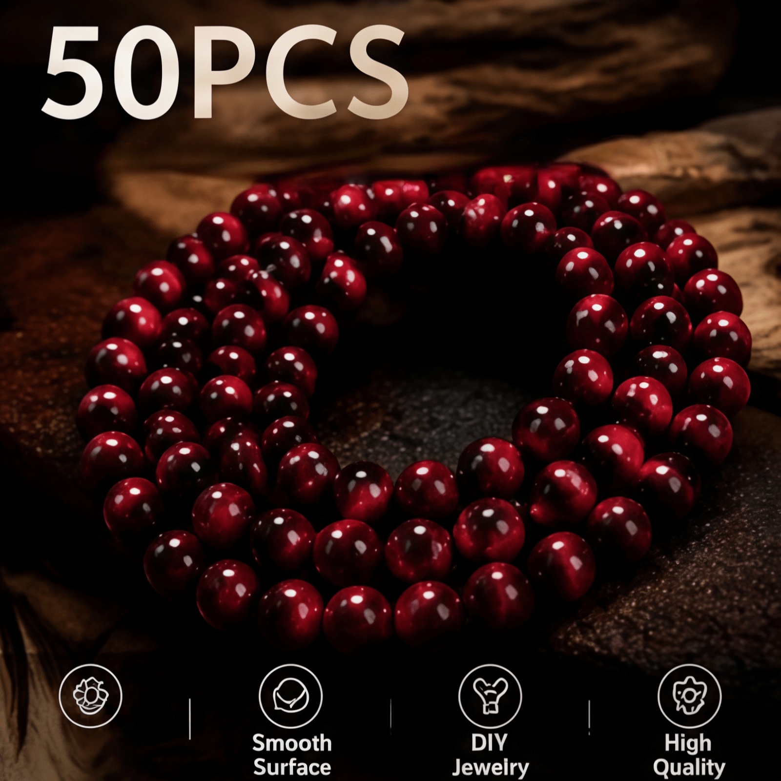 TEMU 50pcs Red Black Tiger Eye Stone Round Beads Loose Beads, Suitable For Handmade Bracelet Weaving, Necklace Making, Earring Jewelry Design And