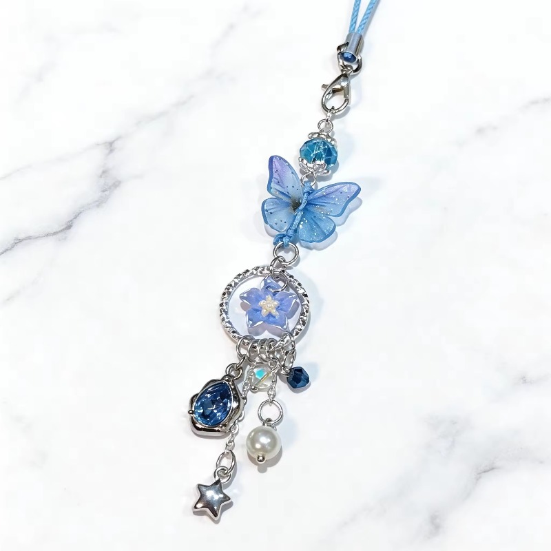 TEMU 1pc Cordon de téléphone Fleur Papillon Jazz Bleu Frais, Accessoire Combinaison Étoile Perle Cristal, Ambiance Cool Premium, Crochet Détachable,