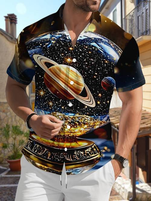new mens casual short sleeve shirt crystal starry sea with planets versatile casual top polyester fabric machine washable button print shirt