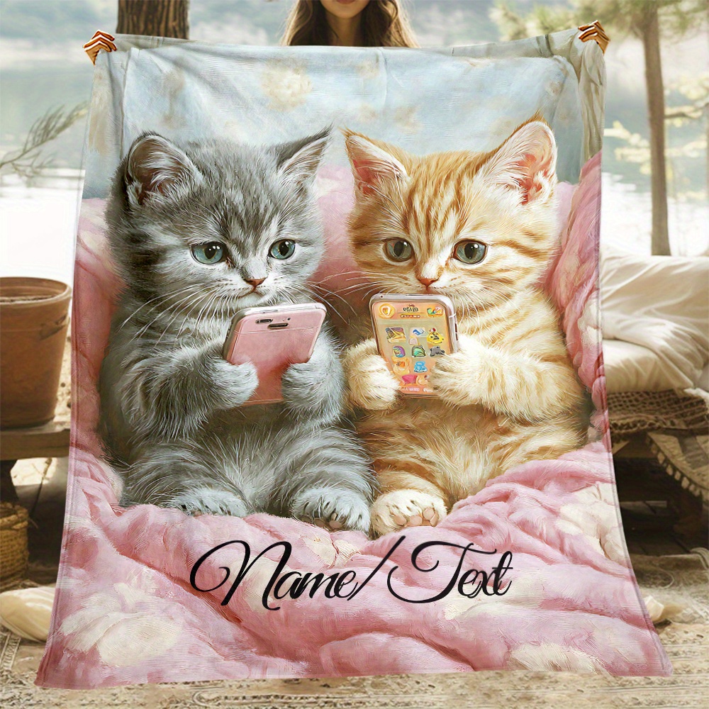 TEMU Couverture en Flanelle Ultra Douce et Légère Personnalisée avec Deux Adorables Chatons - Plaid Confortable et Chaud pour Camping, Voyage, Cadeau