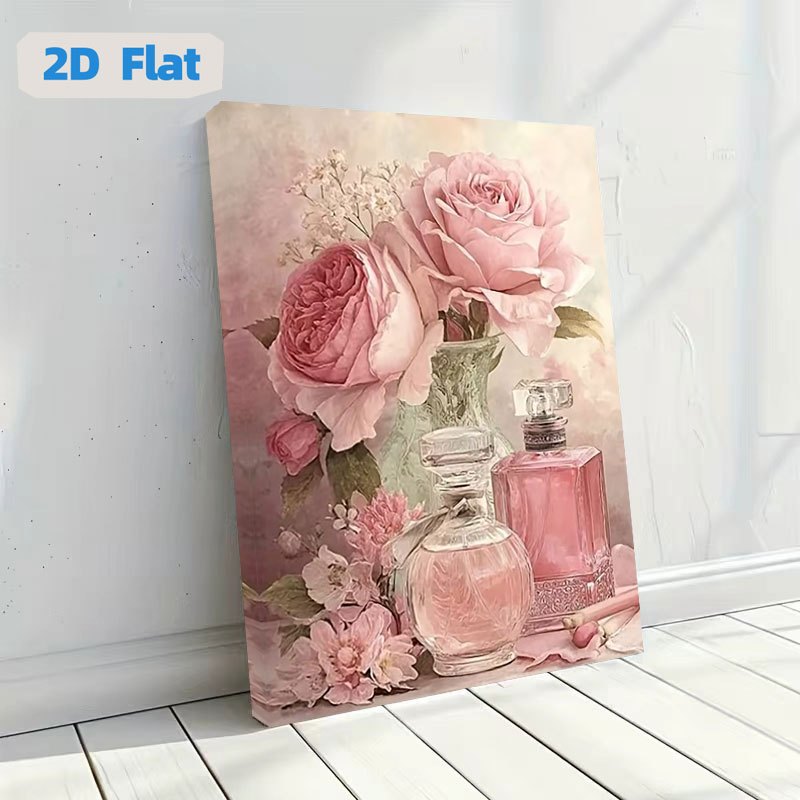 TEMU 2d Flat, 2d Flat, 1pc, Wooden Framed Canvas Painting Poster, Pink Rose Perfume Bottle Still Life Canvas Painting, Modern Poster Canvas Art For