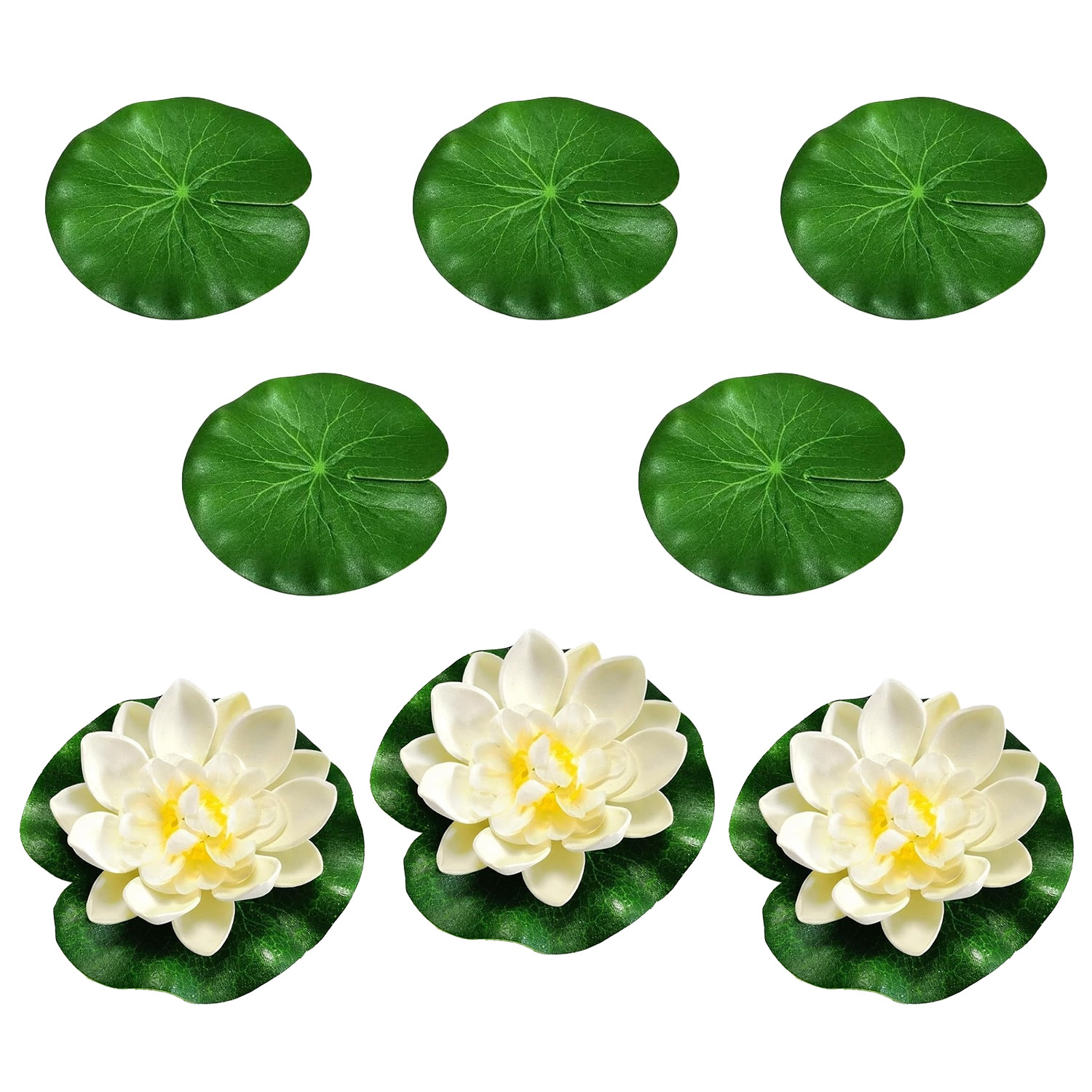 Image of 8pcs Artificial Floating Water Lily Pad Set, Including 5 Realistic Water Lily Pads And 3 For Lotus Flowers, Suitable For Pond, Fish Tank And Fountain Decoration In Water Pool.