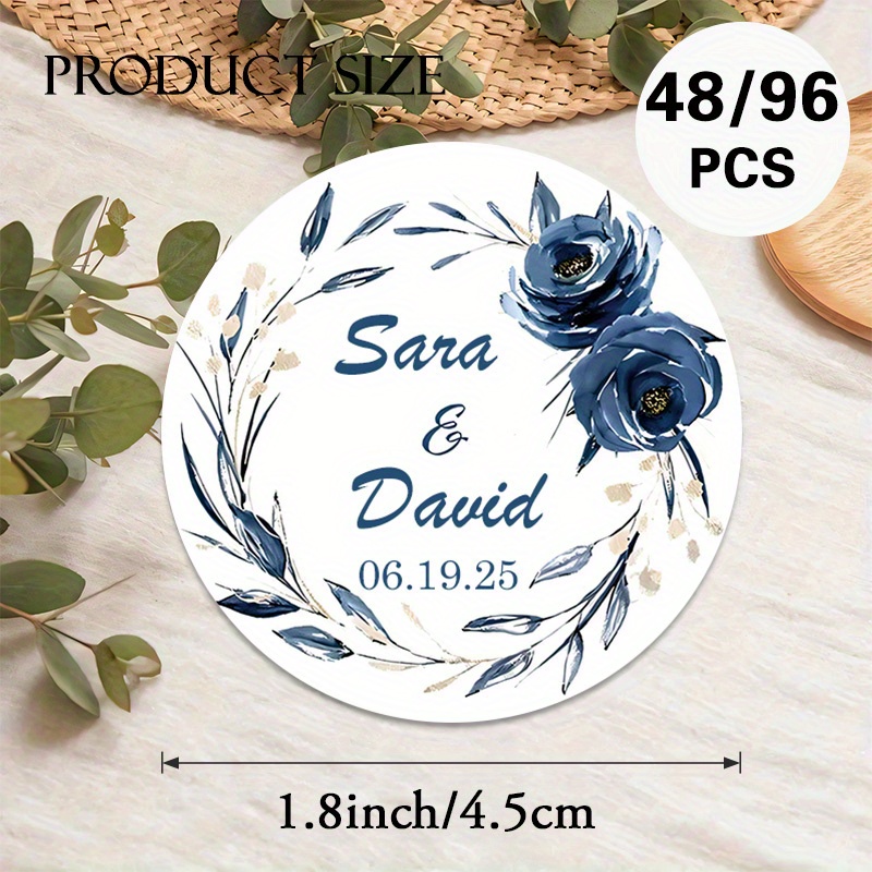 TEMU 48/96pcs Autocollants de Mariage Personnalisés avec et Dates - Design Couronne Florale Bleue, Élégantes Étiquettes en Papier pour Invitations,