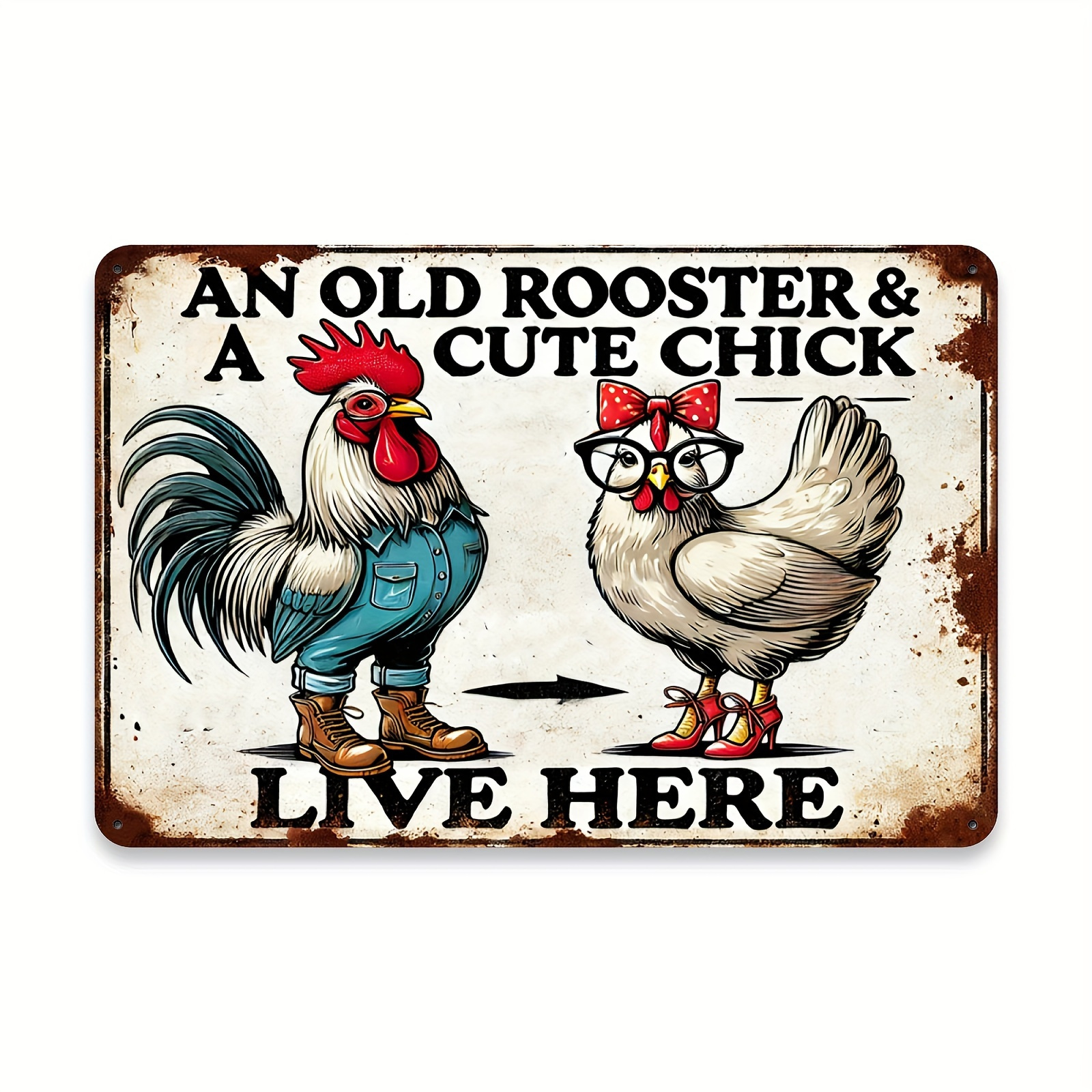 TEMU Vintage An Old Rooster And Cute Chick Live Here Metal Sign, Rustic Home Decor For Living Room, Bedroom, Or Kitchen, Waterproof And Dustproof,