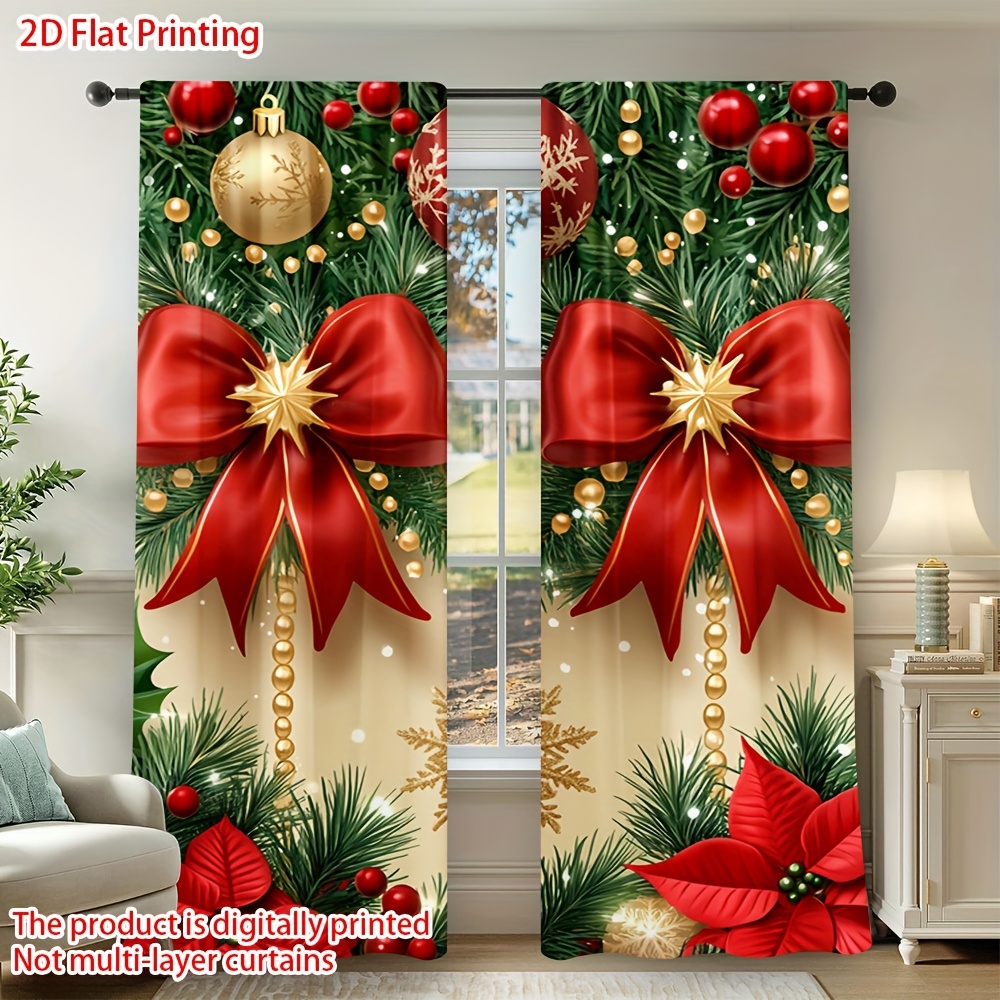 TEMU 2d Flat, 2d Flat Printing 2pcs Festive Christmas Garland Semi-blackout Curtains With Rod - Perfect For Office, Bathroom, Art Spaces - Home Décor