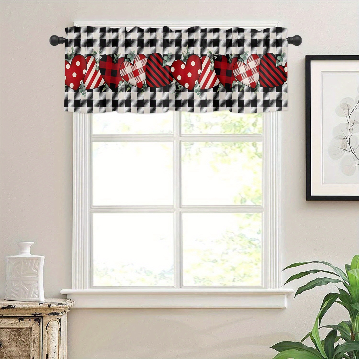 

1pc 's Day Heart & Checkered Light-filtering Short Window Curtain - Decorative Rod , 54"x18", Polyester, Machine Washable, For Kitchen & Home Decor