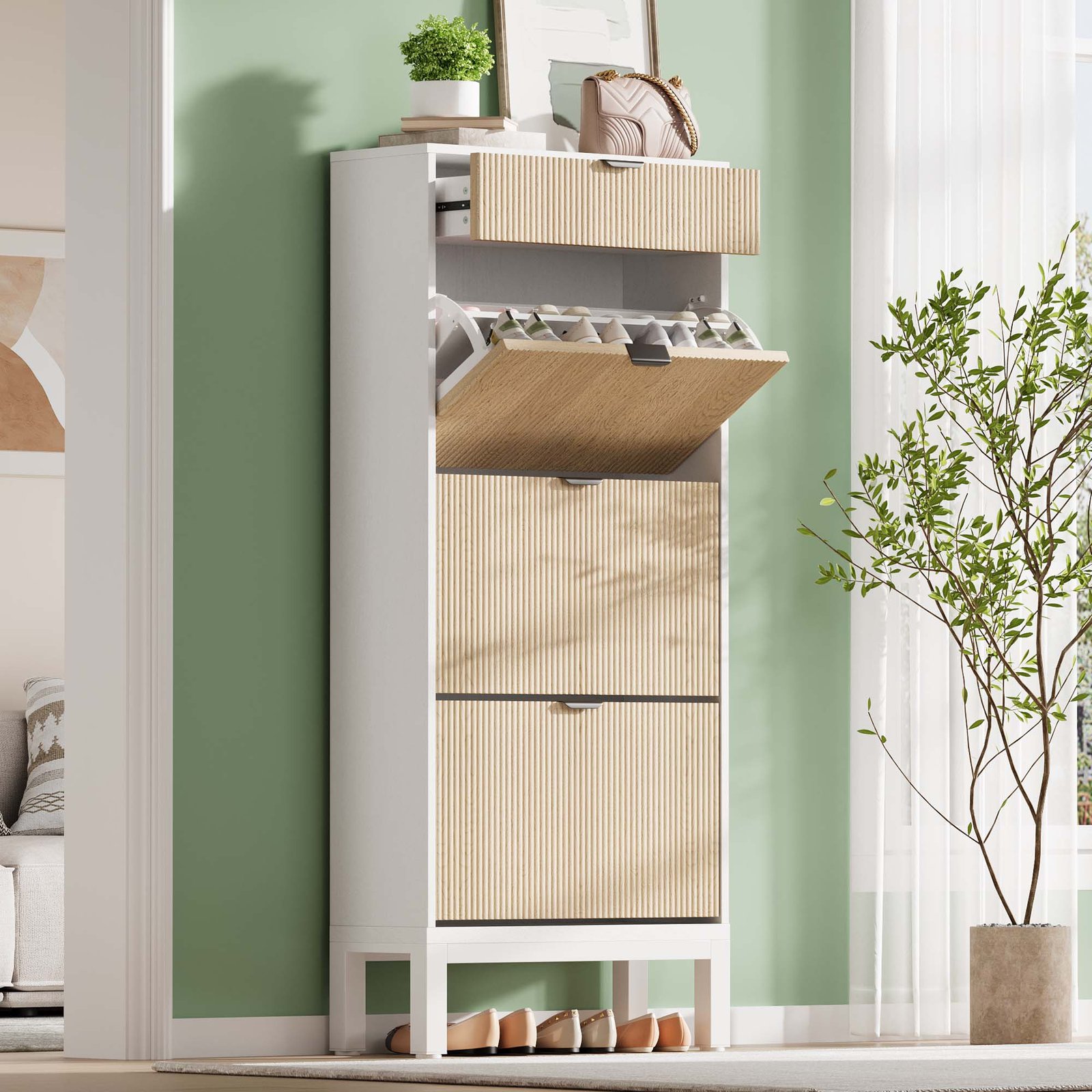 TEMU Entryway Storage Cabinet With 3 Flip Drawers And 1 Upper Pull Out Drawer Adjustable Shelves Space Freestanding Entryway Storage Hidden Shoe Rack