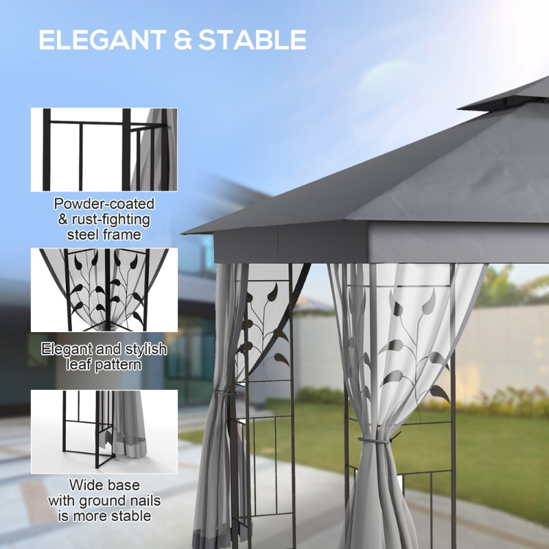 10' x 11.5' Gray Metal Gazebo with Double Roof, Tree Motif Frame and Netting, Durable Outdoor Canopy Shelter for Garden, Lawn, Backyard or Deck.