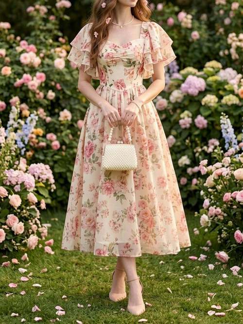 square neck puff sleeve floral fitted flared midi dress womens summer dress gentle romantic and for spring and summer garden dates vacation trips and semi formal occasion outfits