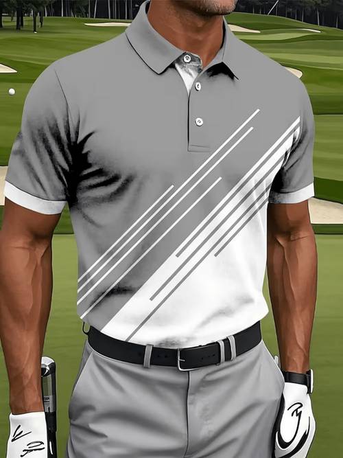 printed design not textured stylish and cool mens shirt with gray and white contrasting twill stripe print suitable for golf sports and streetwear trends a perfect gift