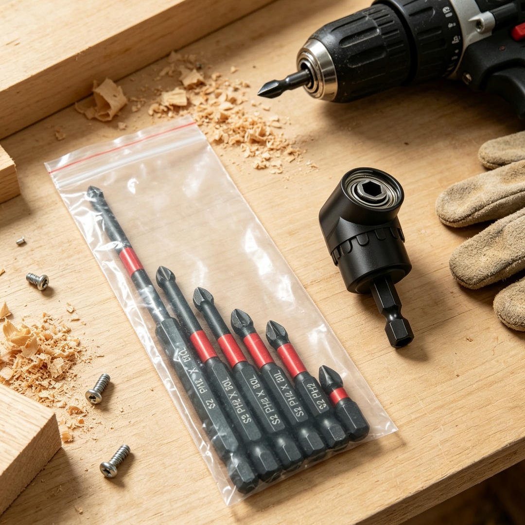 TEMU 7-delige S2 Stalen Magnetische Anti-Slip Schroevendraaier Bit Set met 90 Graden Rechte Hoek Adapter, PH2 Phillips Boorbits, 1/4" Hex Schacht