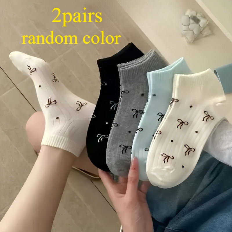 TEMU Of Random Color Women's Short Sports Socks, Featuring A Bow- For A Vibrant Sporty Style, Made From Elastic And Breathable Fabric
